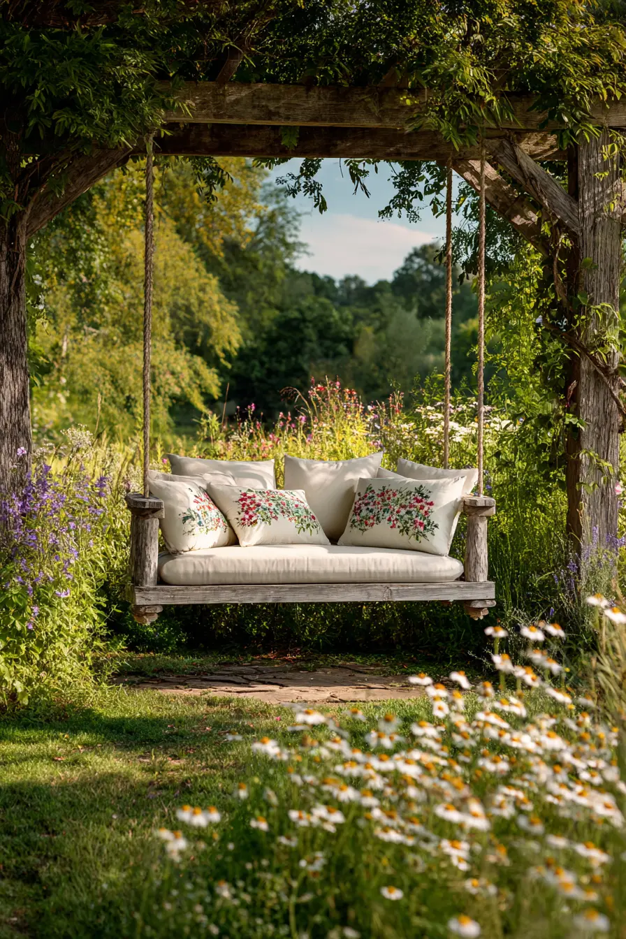 Rustic Wooden Tree Swing with Pillows