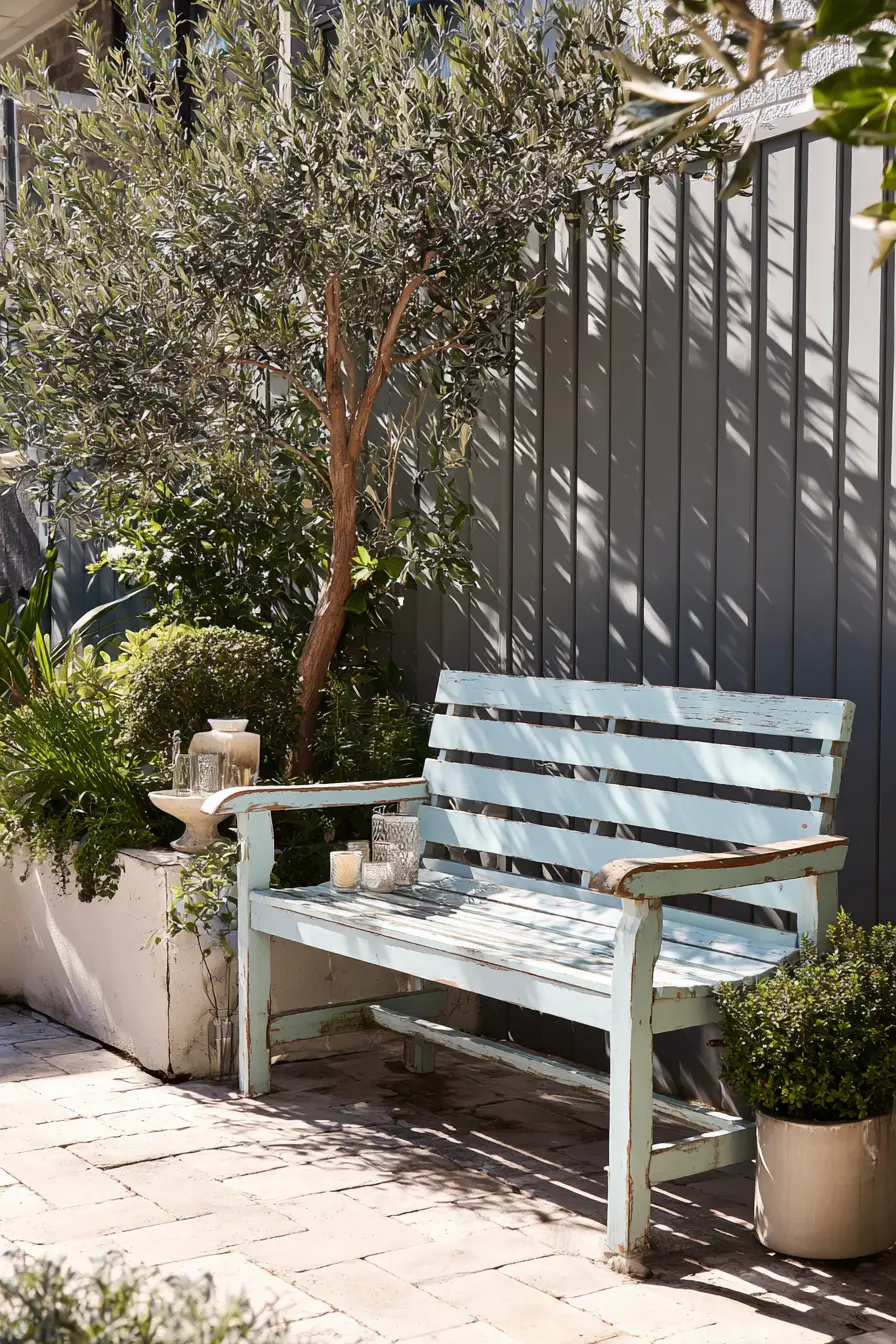 Rustic Wooden Bench Under Olive Tree