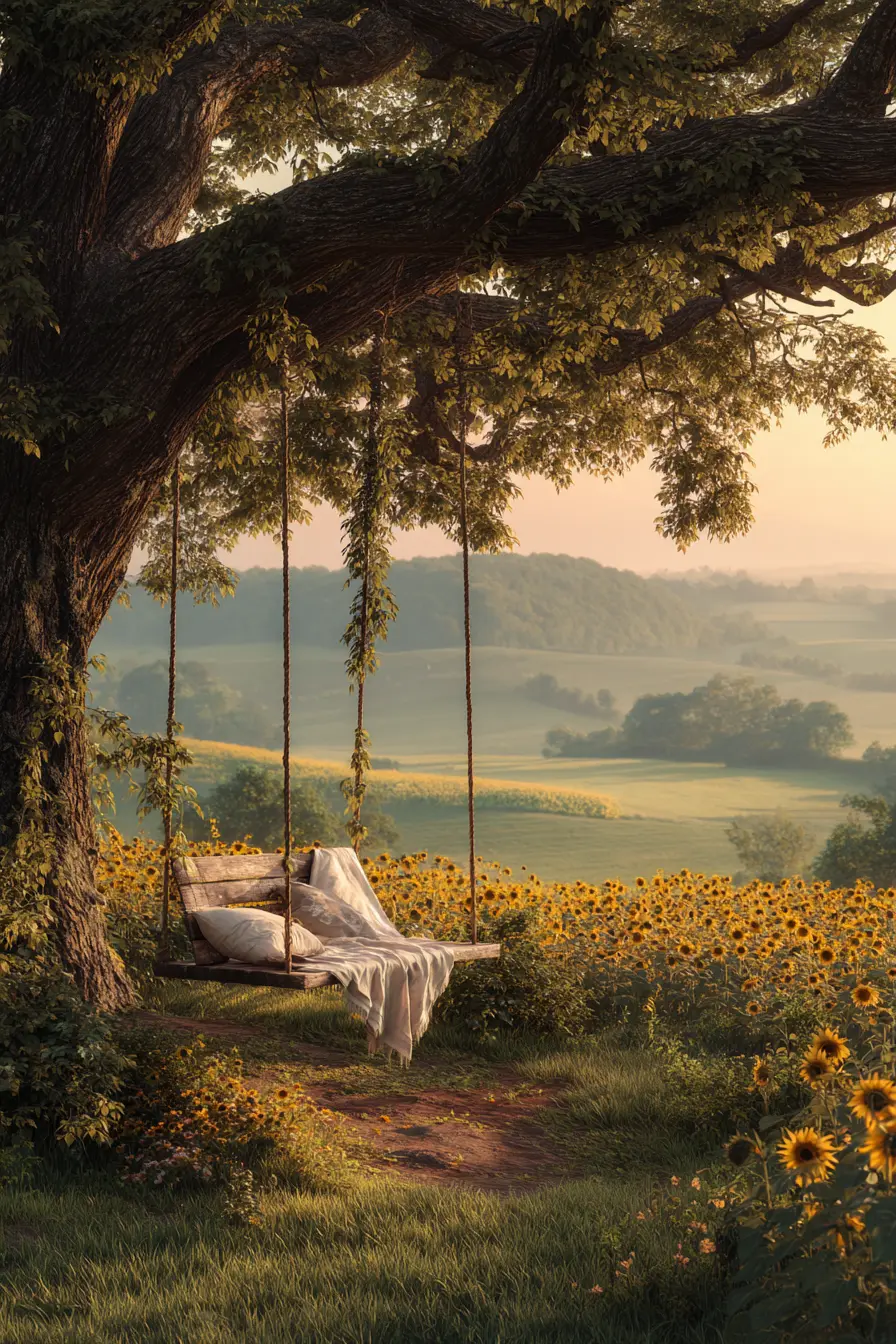 Rustic Wooden Tree Swing with Cushions