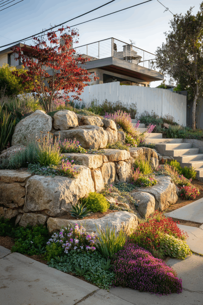 Stone Rock Garden with Colorful Blooms