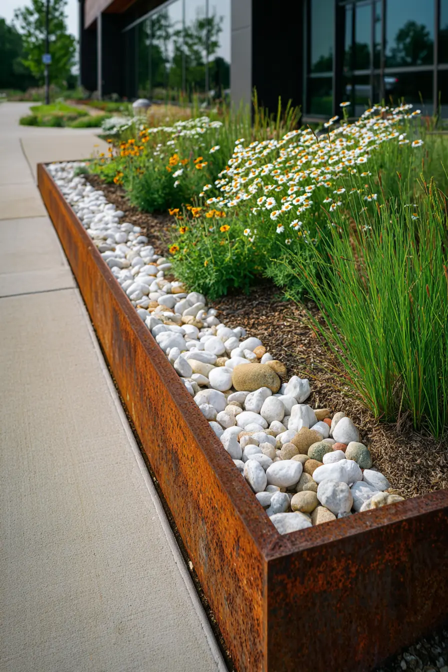 Rusted Metal and Pebble Garden Edging
