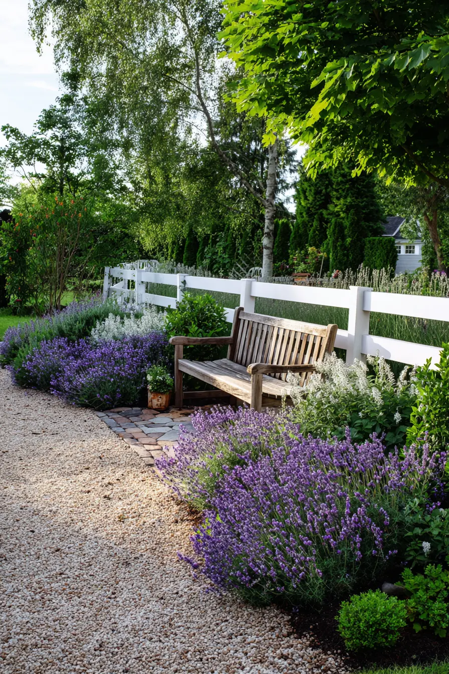 Rustic Wooden Bench Amidst Lavender Garden
