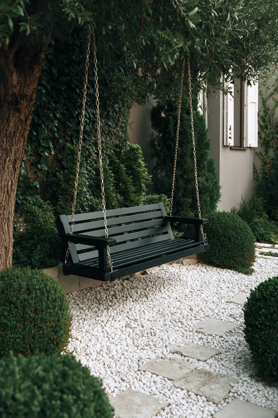 Rustic Tree Swing with Boxwood Accents