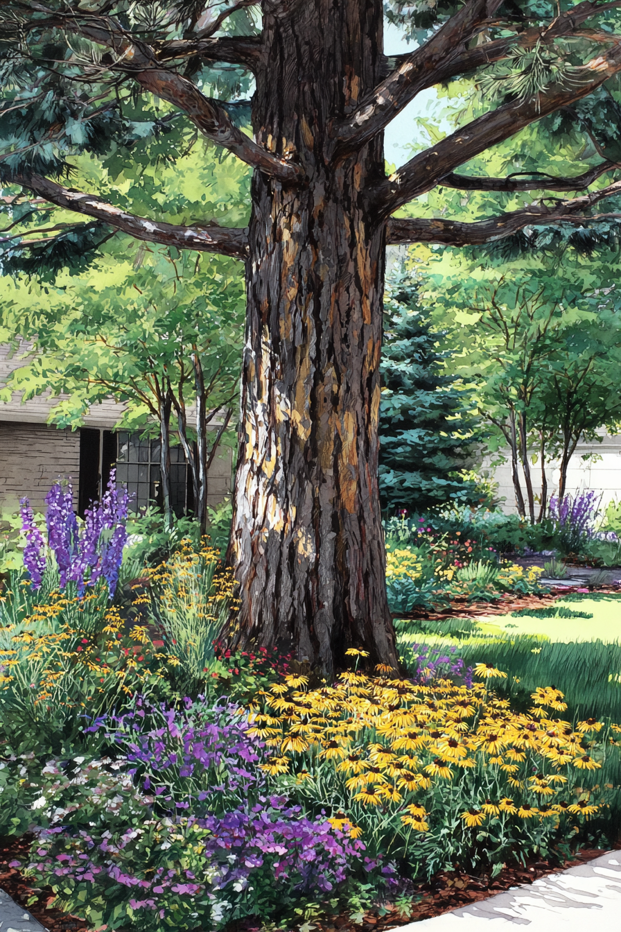 Vibrant Floral Border with Bark