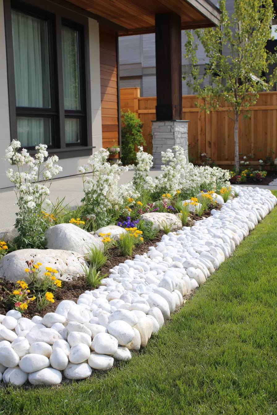 Curved Rock Border with Colorful Flowers