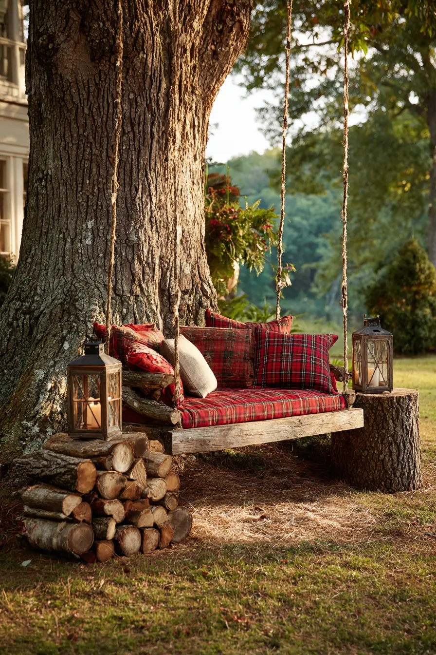 Rustic Tree Swing with Cozy Cushions