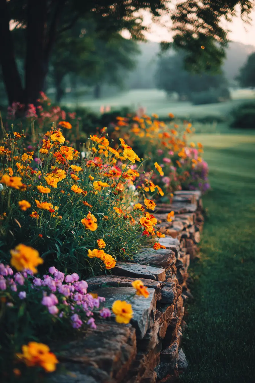 Colorful Perennial Flower Border Brick Edging