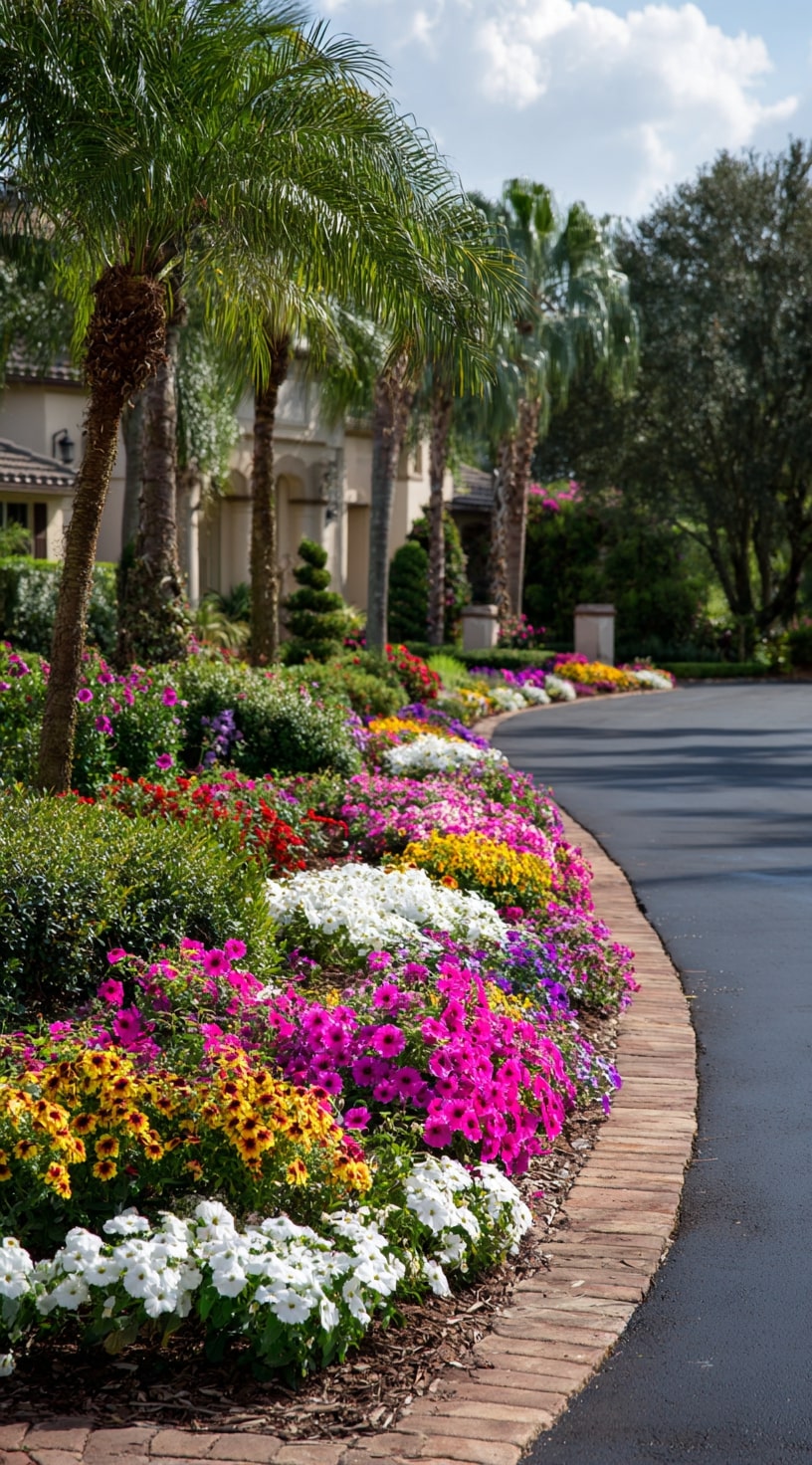 21. Colorful Flower Bed Border for a Tropical Driveway