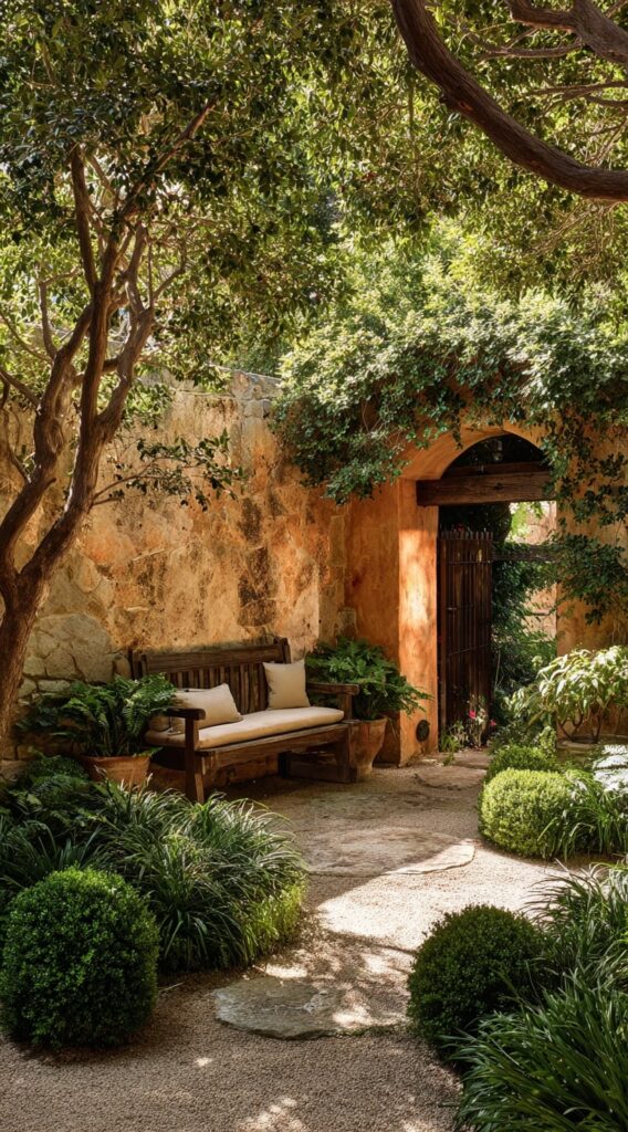 Shaded Garden Nook with Rustic Bench

