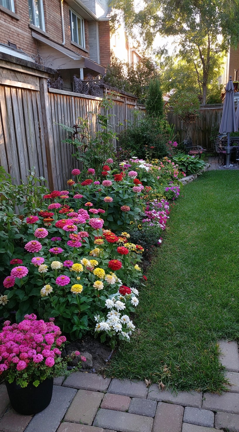 3. Backyard Flower Border Packed with Zinnias