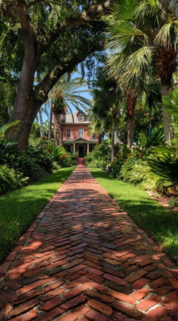 Classic Brick Walkway Framed by Tropical Greenery