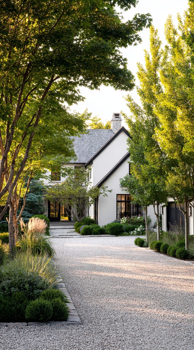 2. Clean Gravel Driveway with Modern Farmhouse Charm