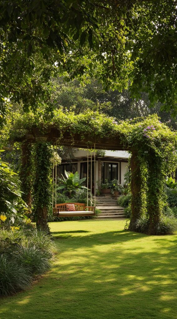 7. Garden Swing Under a Living Arbor