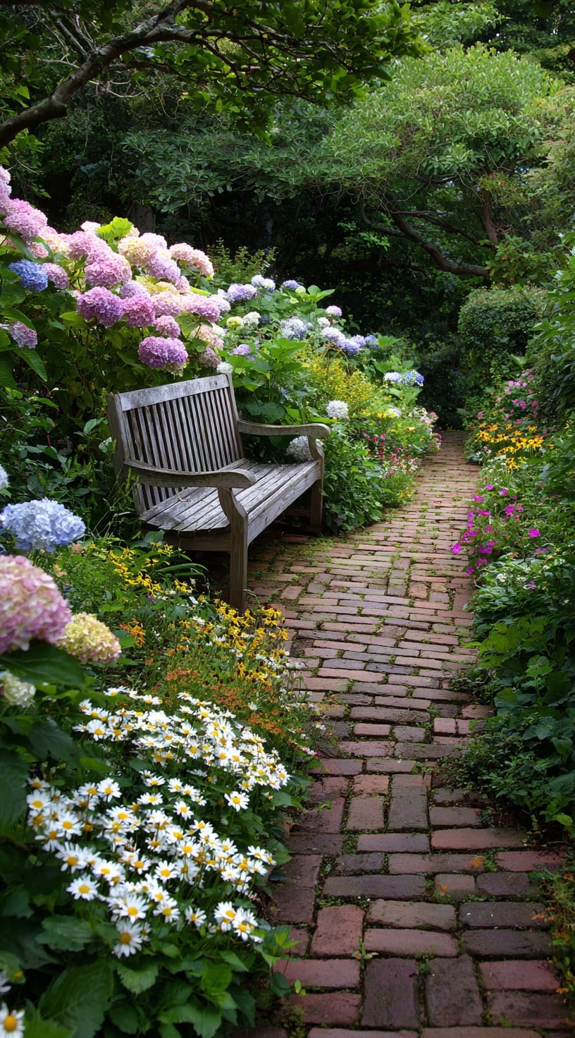 7. Brick Path Garden with Hydrangeas and Daisies