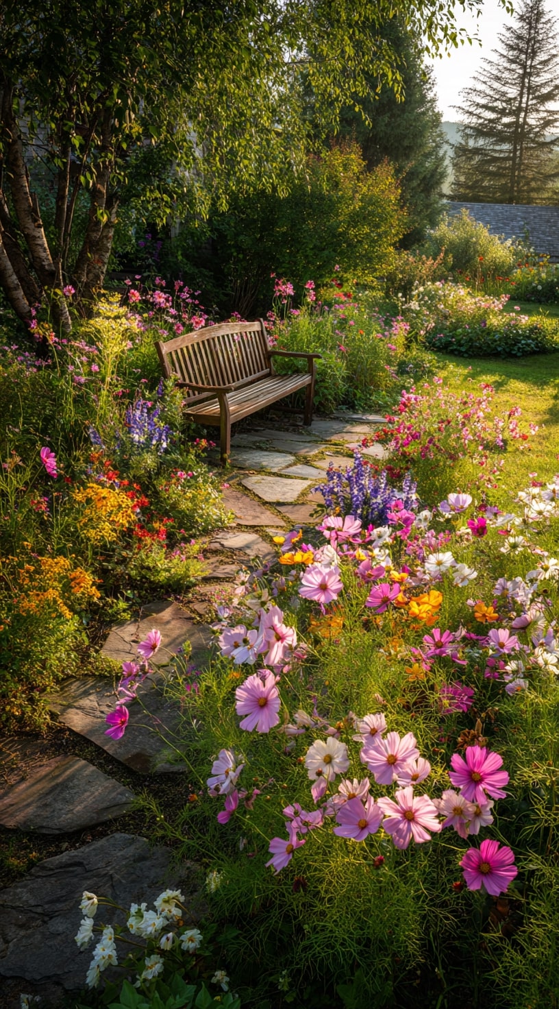 1. Wildflower Walkway with a Garden Bench