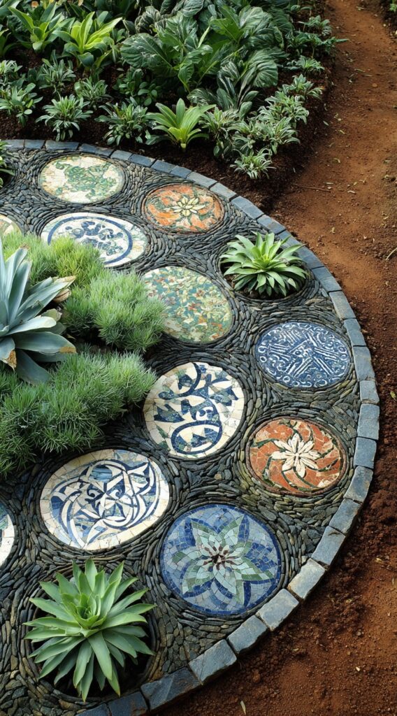 Mosaic Medallion Walkway with Succulent Accents

