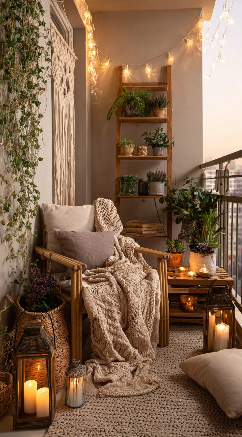 8. Boho-Inspired Balcony Garden with Macramé and Warm Lights