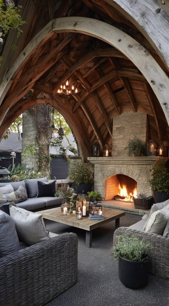Cathedral-Style Fireplace Under Timber Arches