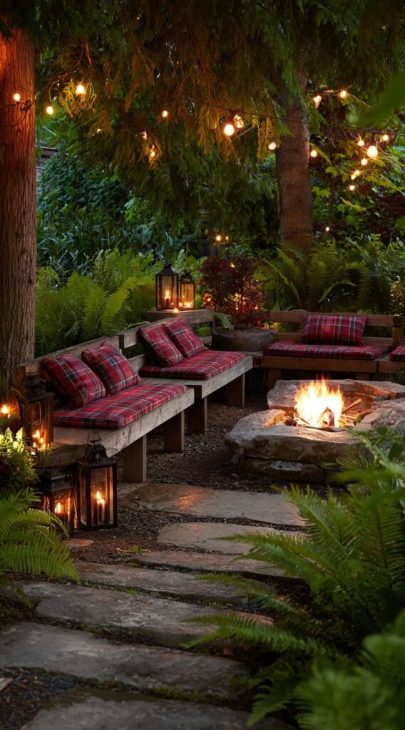 Woodland Fire Pit with Plaid and Lanterns