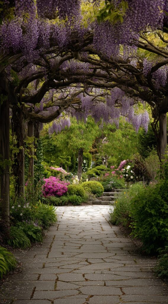 Wisteria-Covered Stone Walkway with Woodland Garden Charm