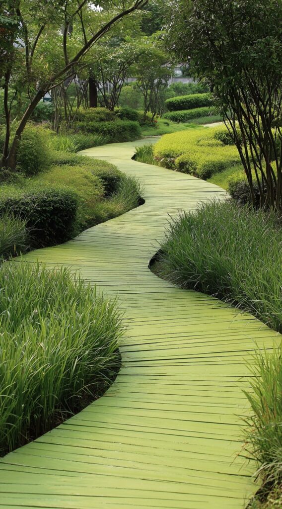Bold Green Boardwalk Through a Sculpted Garden

