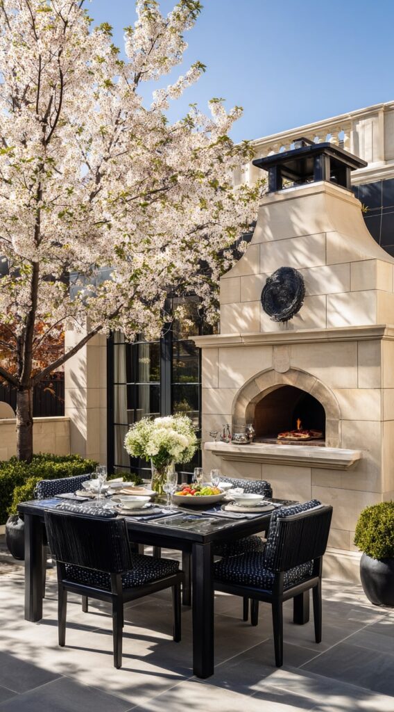 Elegant Outdoor Fireplace Beside a Spring Dining Setup