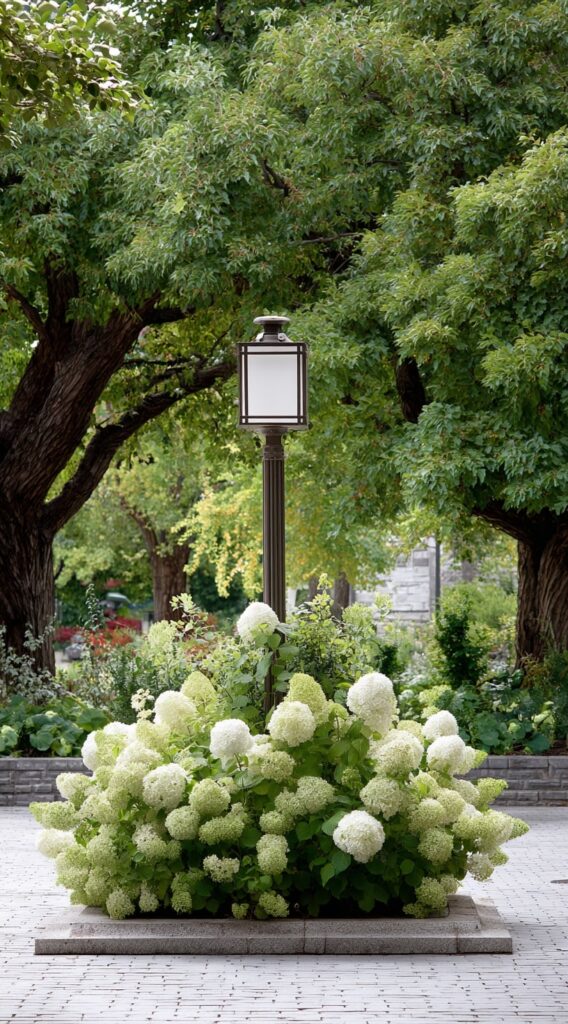 9. Centered Hydrangea Corner Around a Lamp Post

