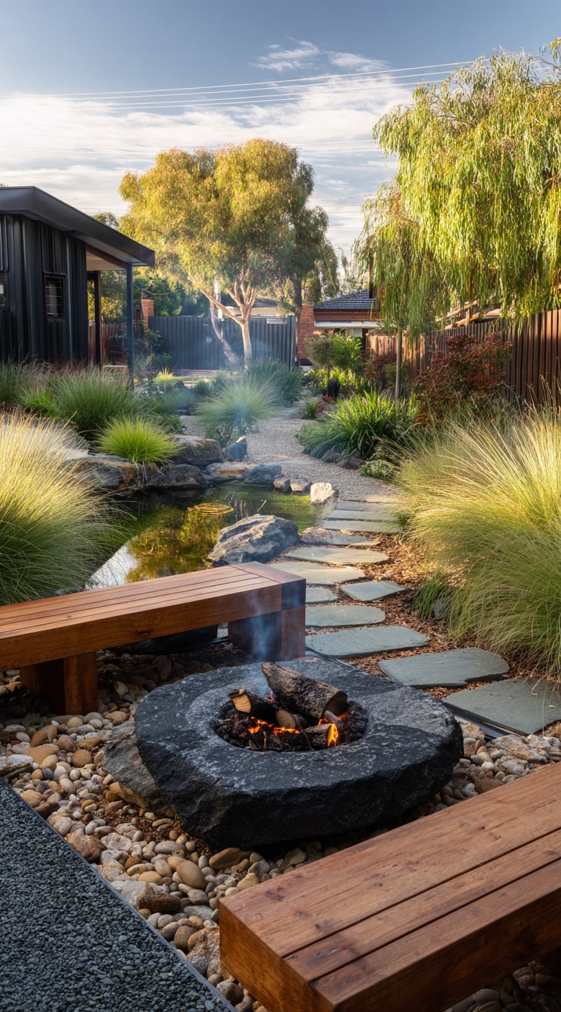 Pebble and Stone Edging for a Modern Fire Pit Retreat

