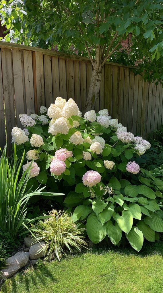 5. Soft Hydrangea Corner Under the Tree
