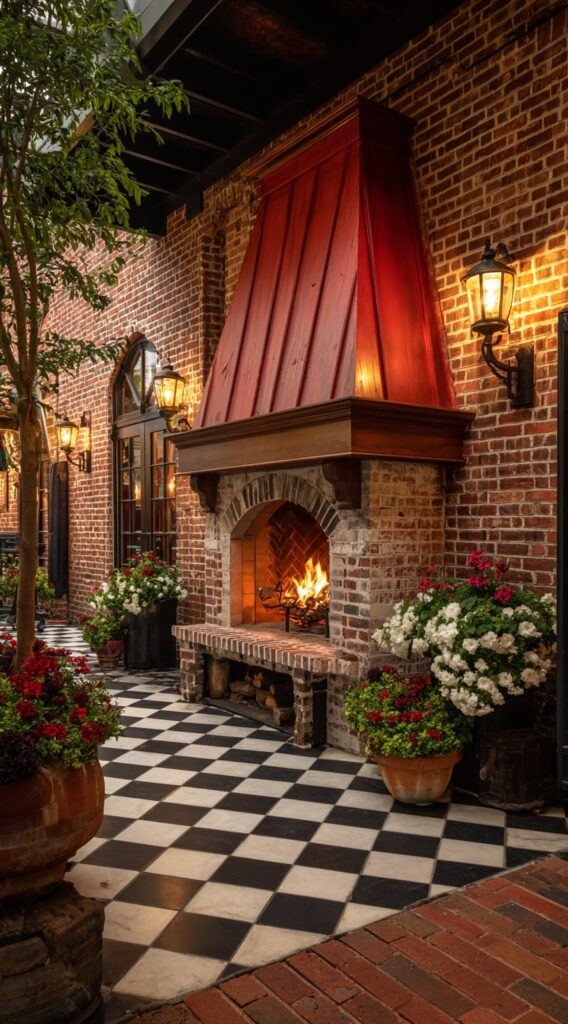 Charming Courtyard Brick Fireplace with Vintage Flair
