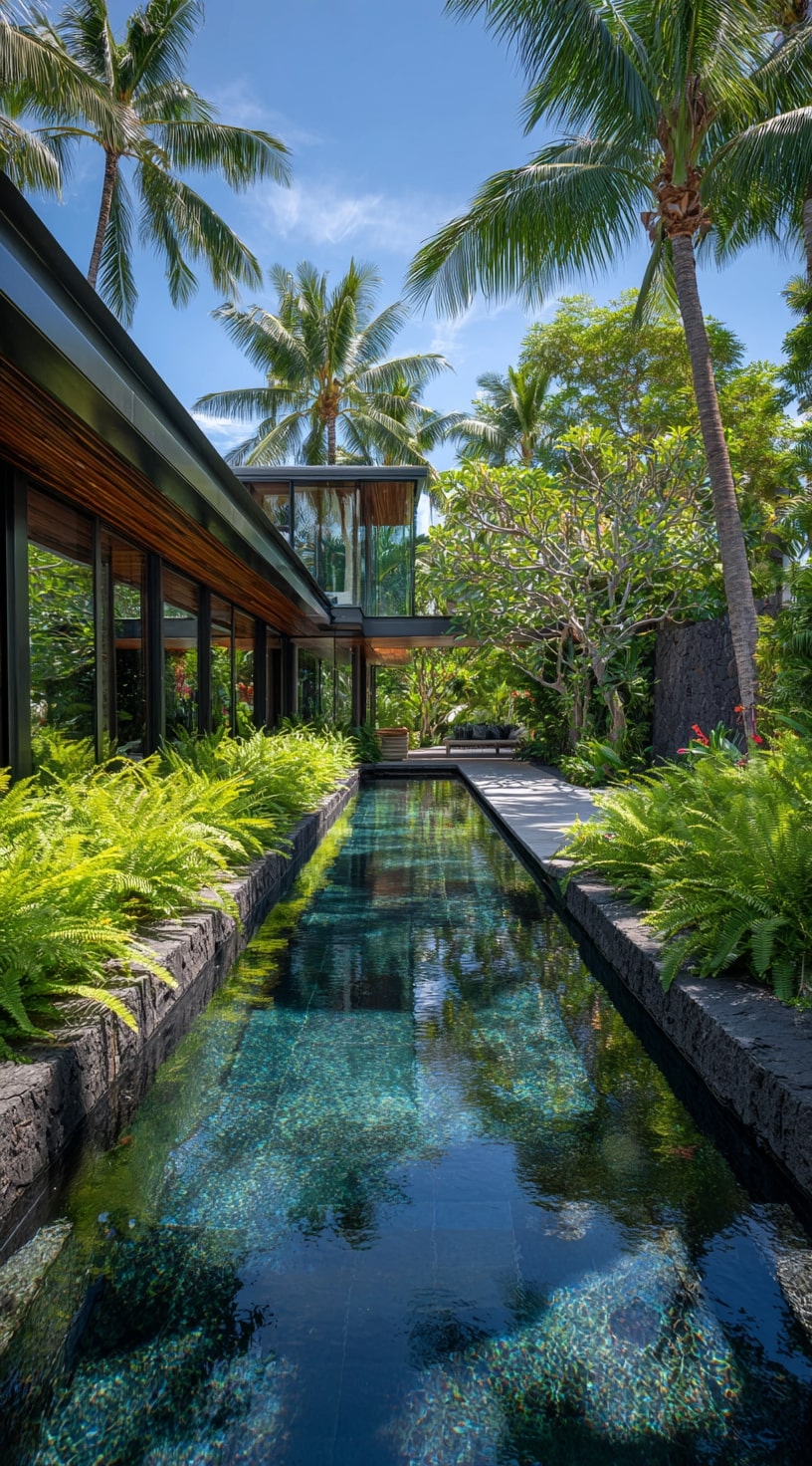 Sleek Poolside Paradise with Tropical Ferns