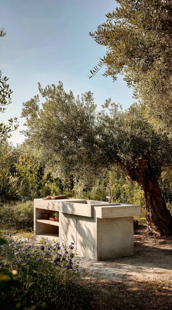 Minimalist Outdoor Kitchen Under Olive Trees