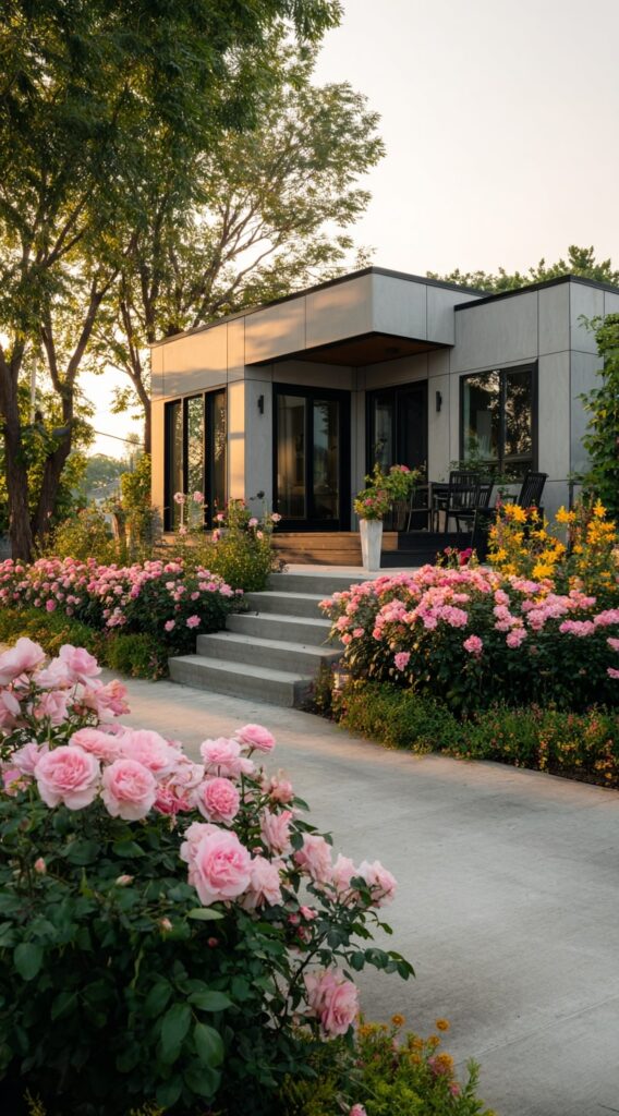 Modern Entry with Lush Rose Borders

