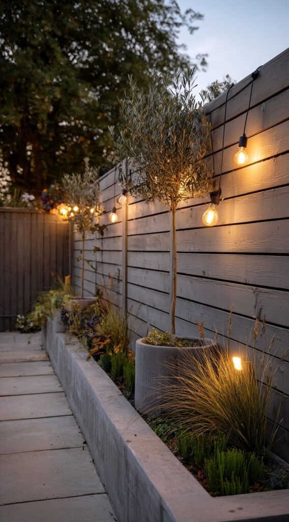 7. Softly Lit Modern Fence Garden