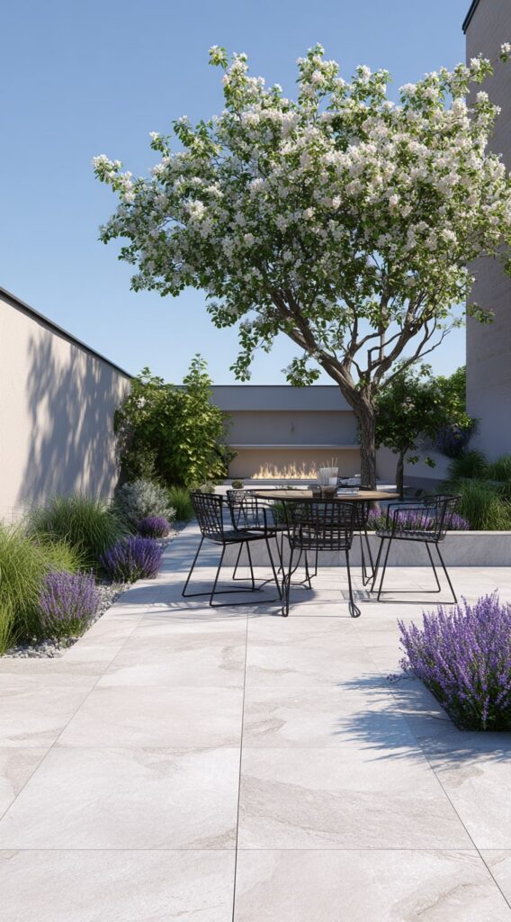 Serene Patio Dining Under Blossoms

