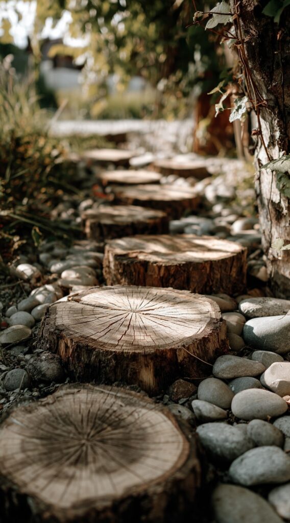 Rustic Tree Stump Walkway with Pebble Accents