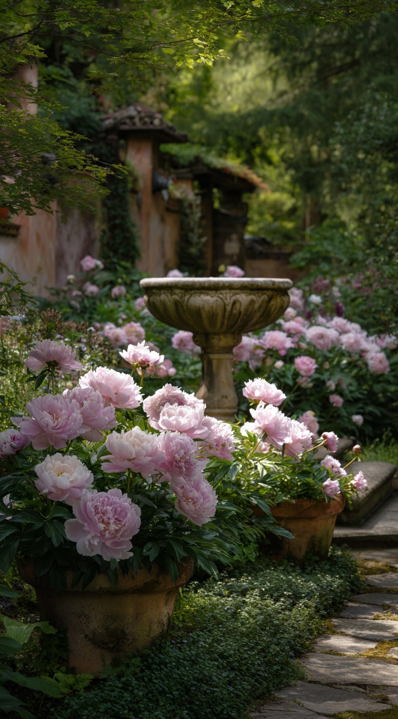 20. Vintage Peony Garden with Stone Fountain Charm