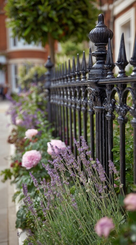 15. Iron Fence Border with Lavender and Roses

