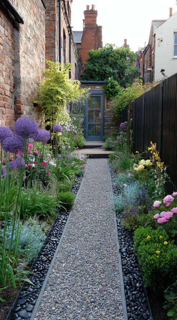 Narrow Gravel Pathway Framed by Lush Flower Beds

