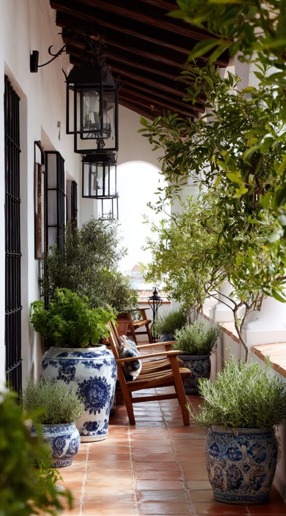 Mediterranean Balcony with Blue and White Planters

