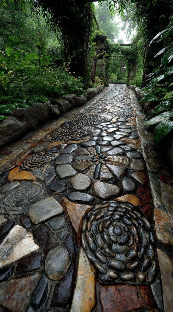 Artistic Stone Mosaic Walkway in a Lush Woodland Garden