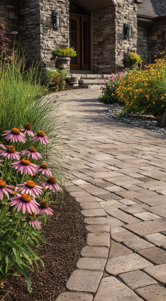 Curved Paver Walkway Framed by Native Flowers

