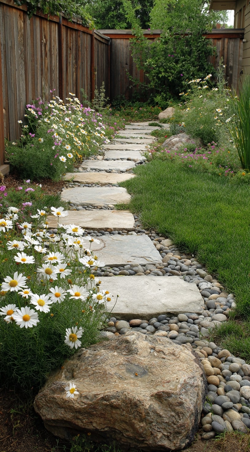 River Rock and Flagstone Edging for a Natural Pathway

