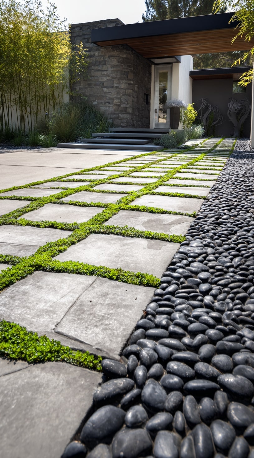 20. Grid-Style Driveway with Green Gaps and Pebble Accents