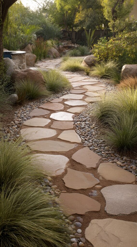 Flagstone and Pebble Edging for a Serene Garden Path