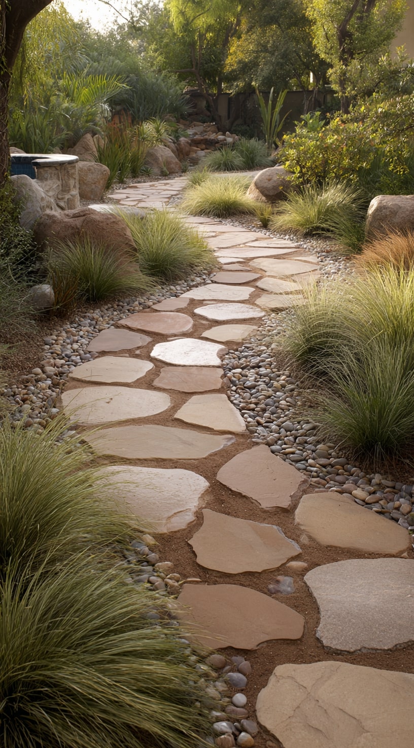 Flagstone and Pebble Edging for a Serene Garden Path

