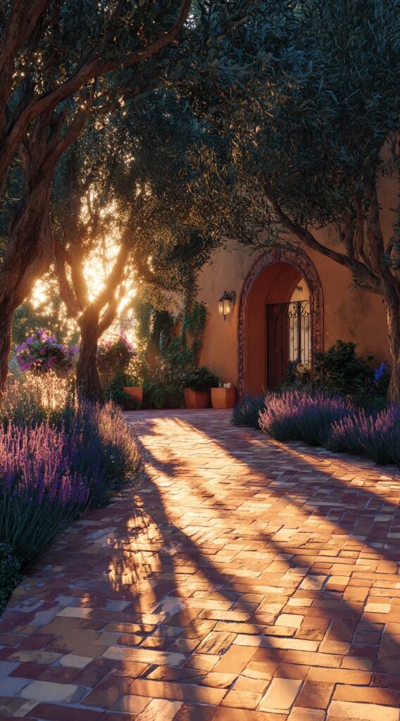 Mediterranean Brick Walkway Framed by Lavender and Olive Trees


