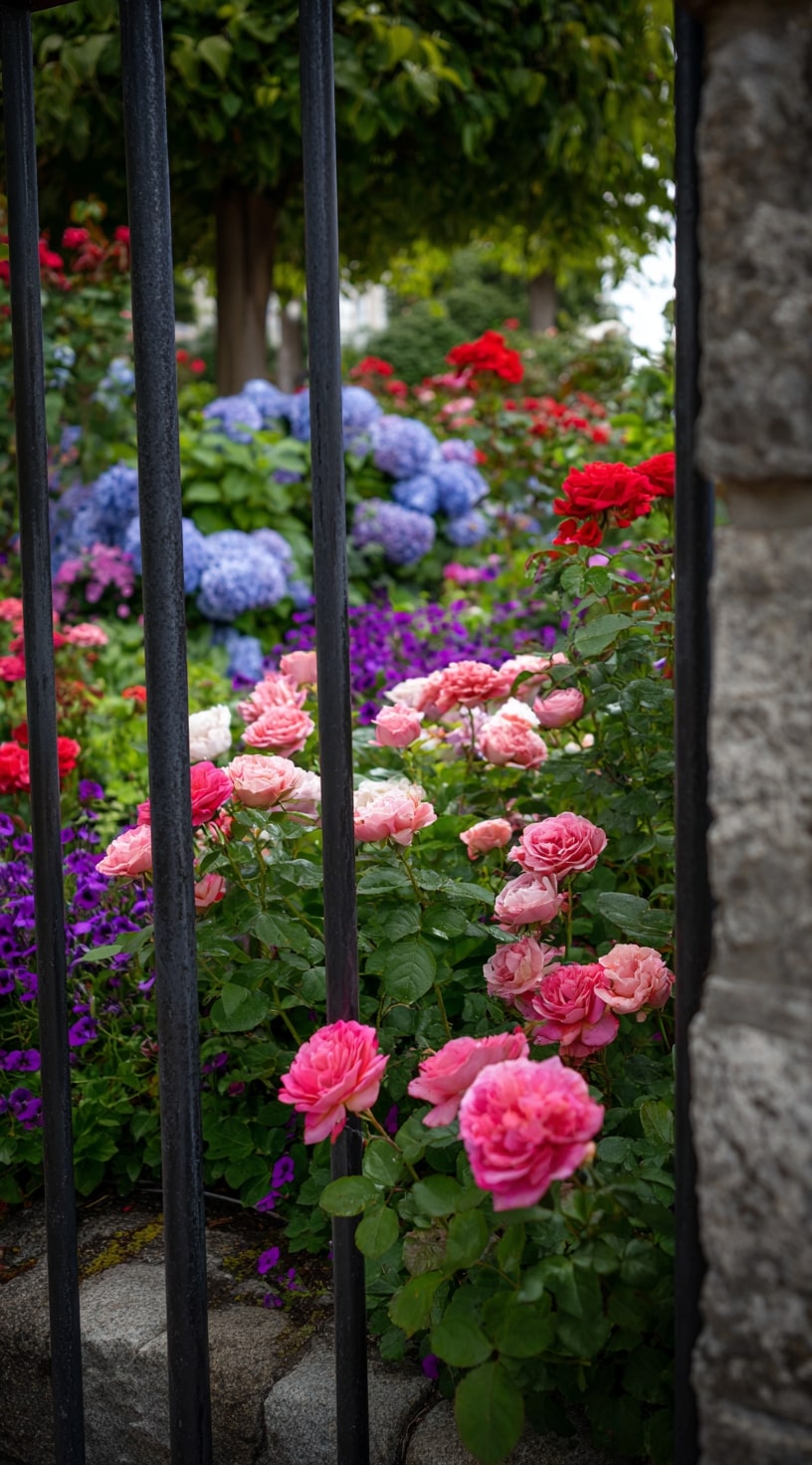 10. Elegant Rose Garden Behind Wrought Iron
