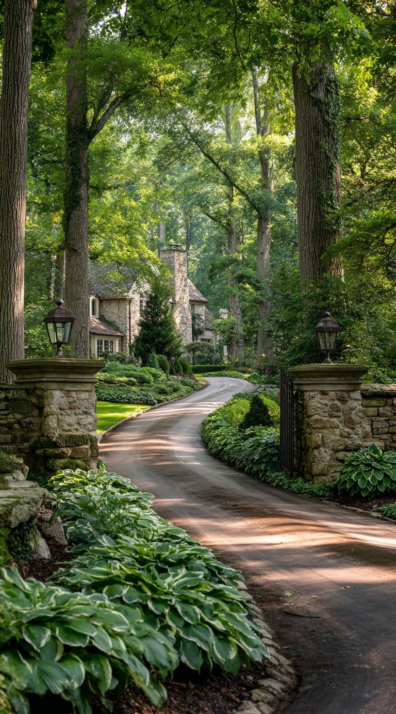 1. Stone Gate Elegance with Woodland Driveway