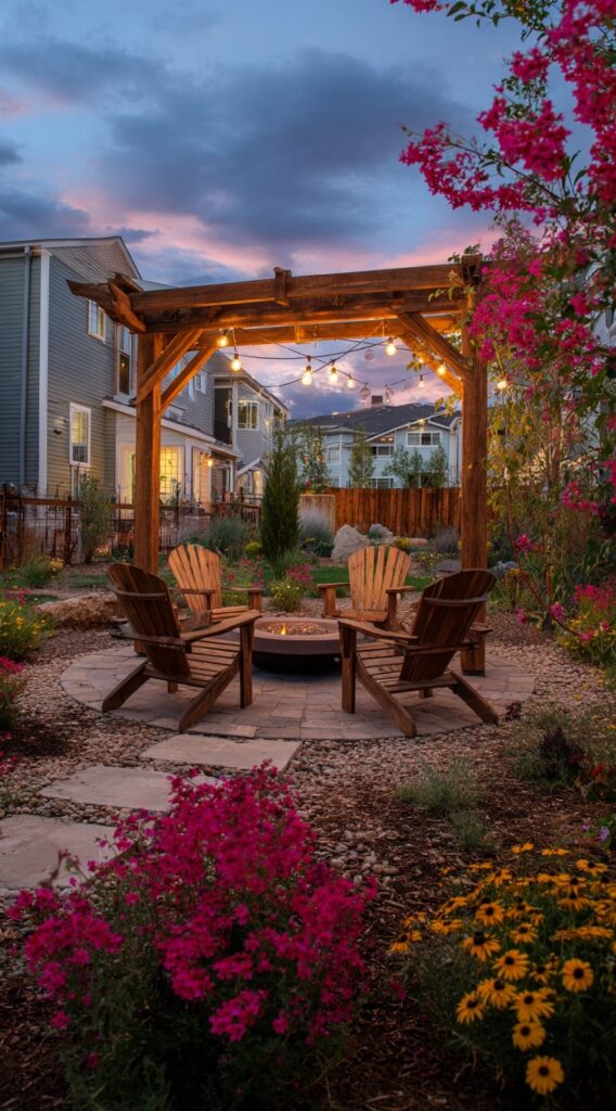 12. Backyard Fire Pit with String Lights and Arbor